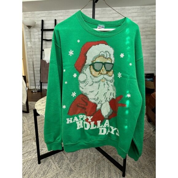 Jerzees Green Happy Holla Days Ugly Christmas Sweater Sweatshirt Tacky Size L - Picture 1 of 5
